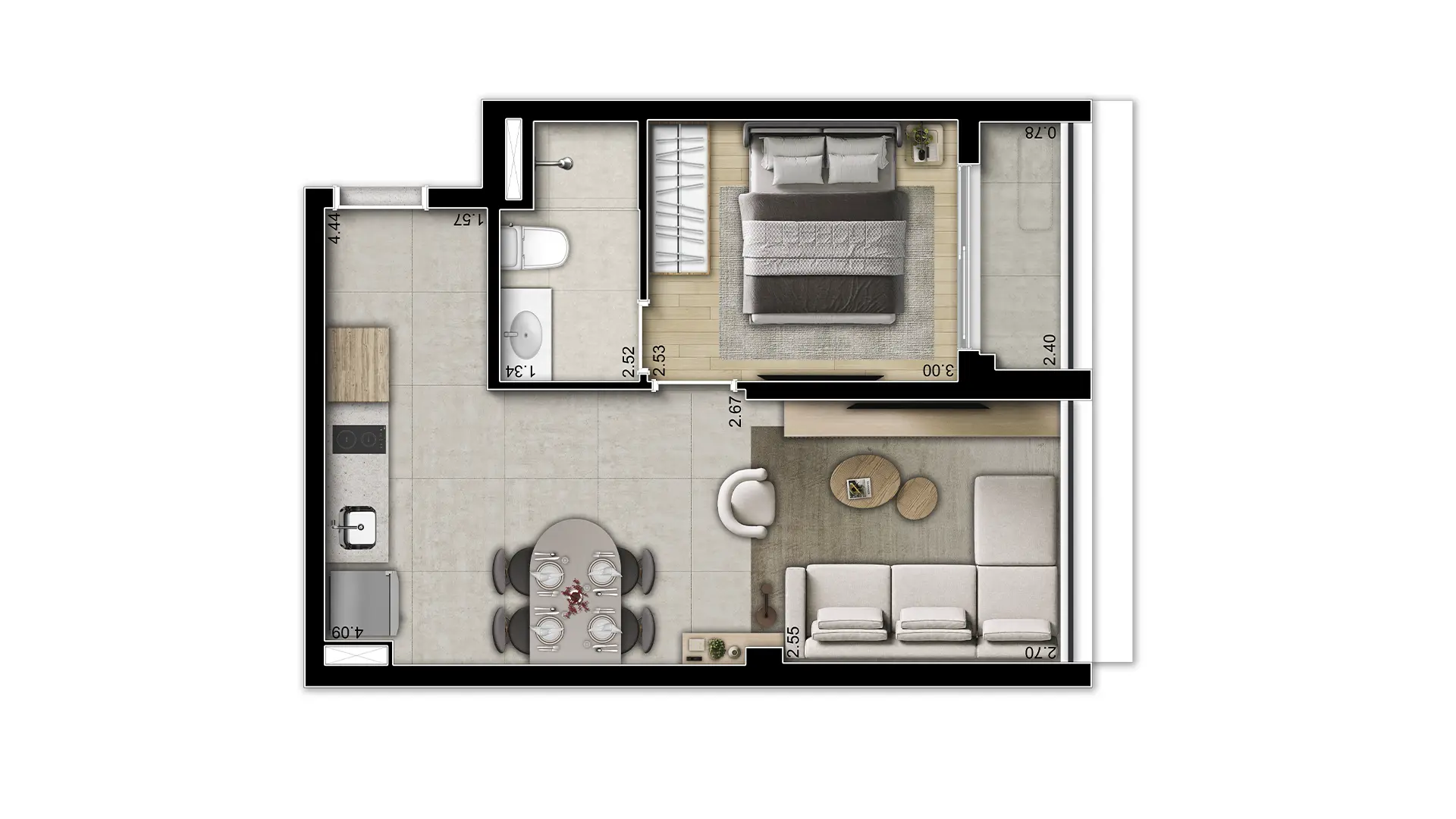 Planta Ilustrada da Planta de 1 Dormitório – 41m²